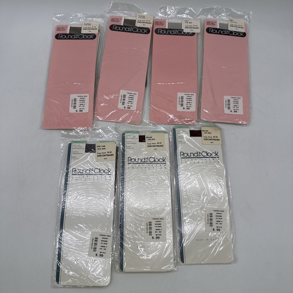 Vtg Round the Clock Pantyhose - Almond (2), Grey (2), Brown (2), Silky Grey (1)